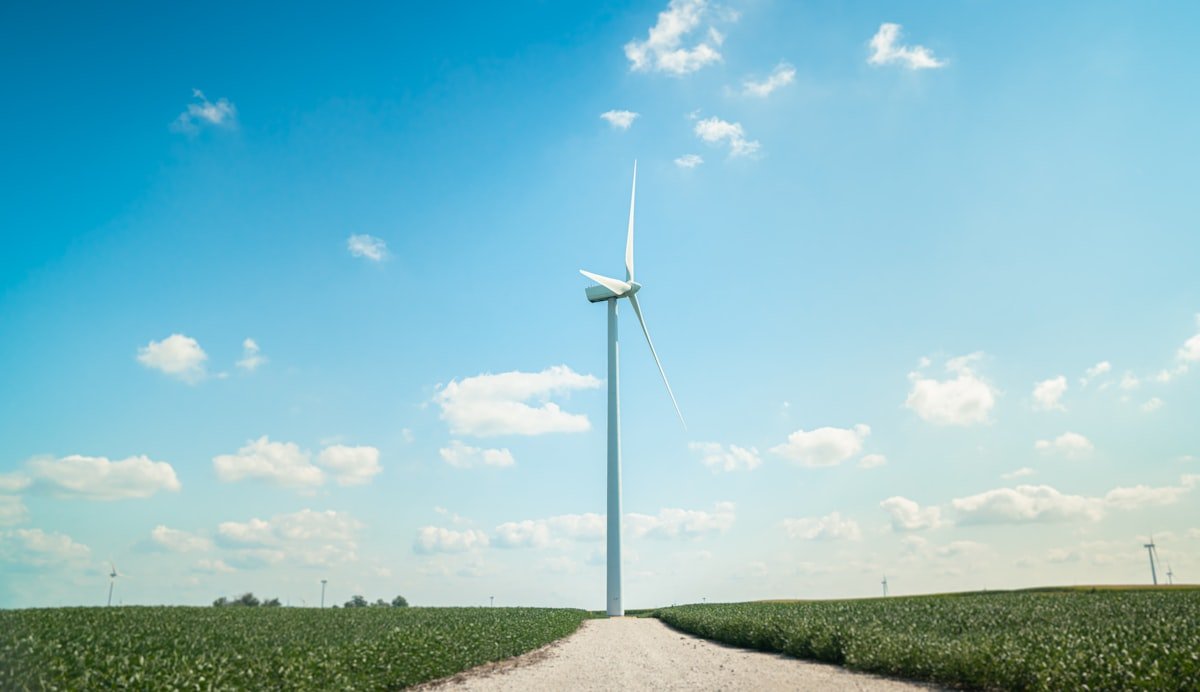 Windenergieanlage in einer Feldlandschaft